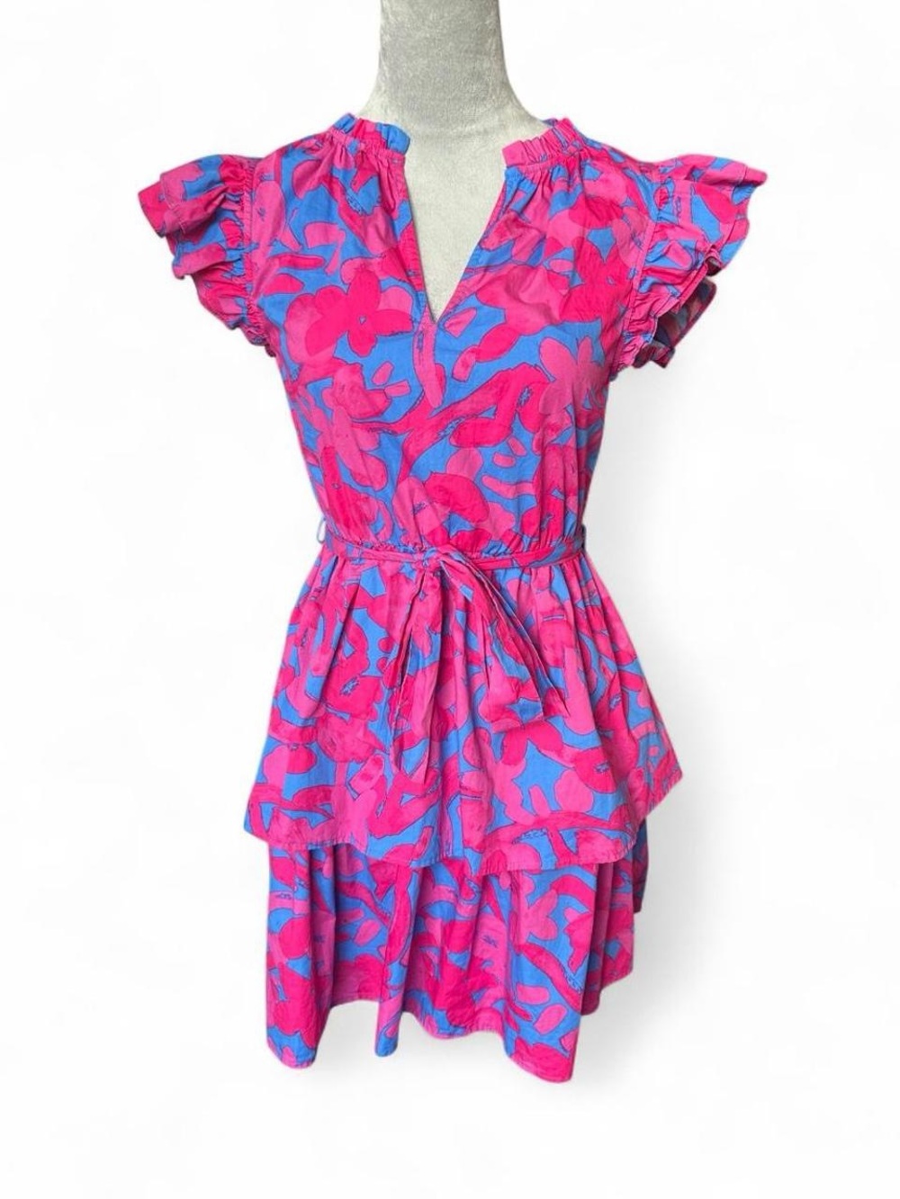 SUGARLIPS Pink & Blue Abstract Floral Tiered Ruffle Mini Dress Belted XS